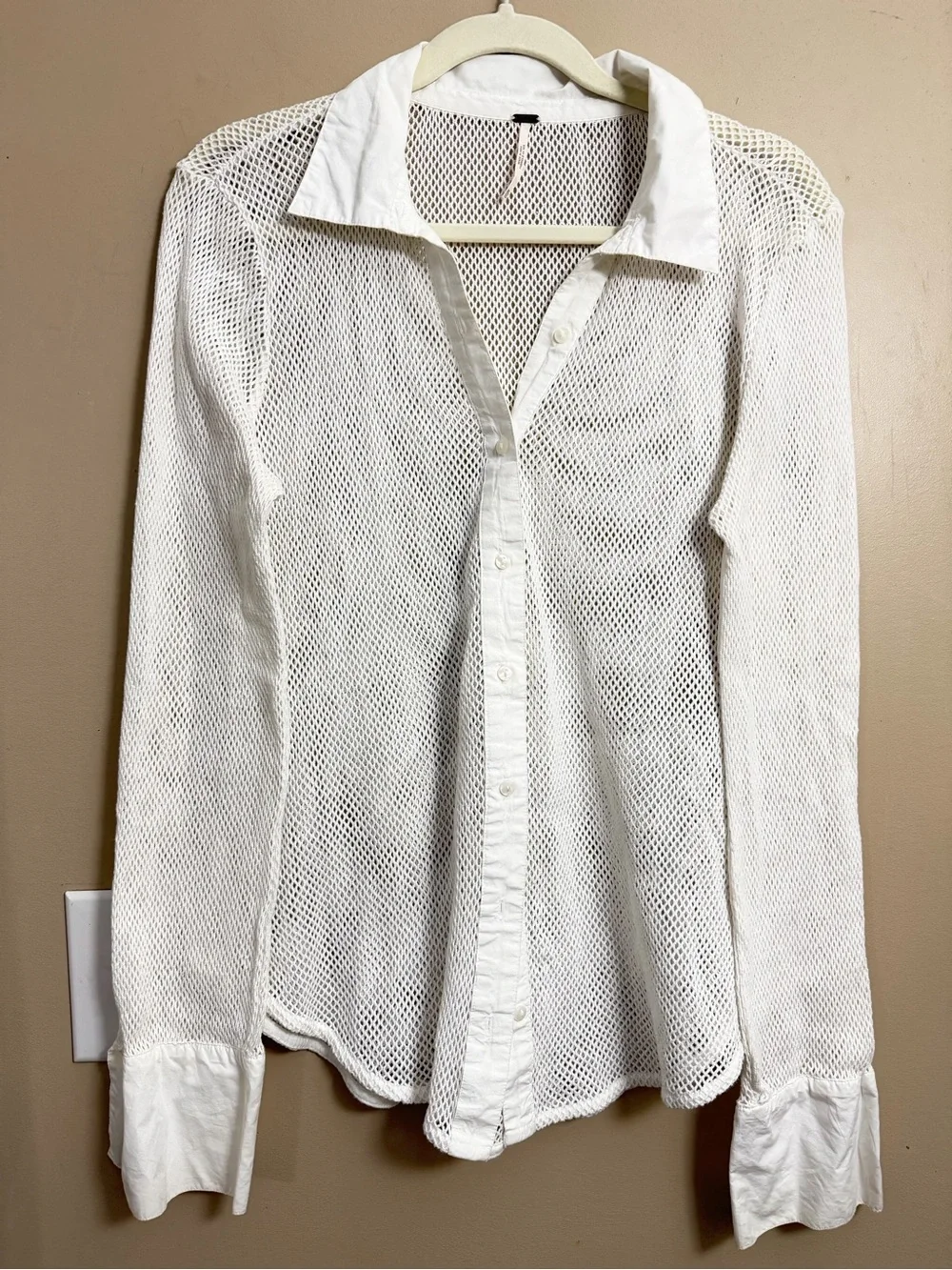 Free People White Siggi 100% Cotton Open Knit Lace Button Down Shirt Size XL